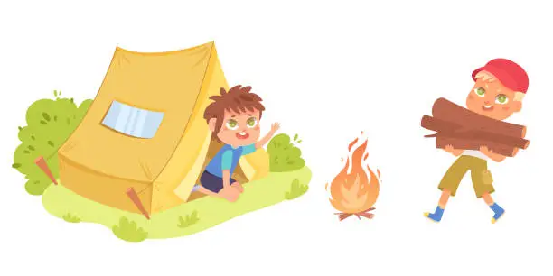 Vector illustration of Children summer adventures in forest. Cartoon vector illustration isolated on white background. Cute camping kids live in tent and making bonfire