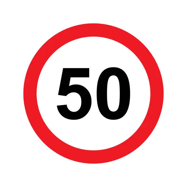 Vector illustration of Speed limit sign vector illustration. 50 km icon. Abstract street traffic pictogram. Isolated road signal of circle shape, signboard with black number of maximum speed of cars on highway