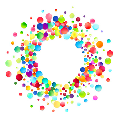 A dynamic ring of multicolored dots creating a vibrant circular pattern on a white background, symbolizing unity and celebration.