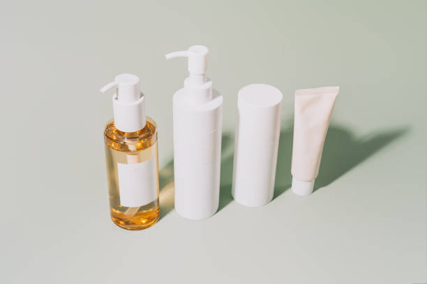 istock Cosmetics for face and body care on a green background under hard light 2059342836