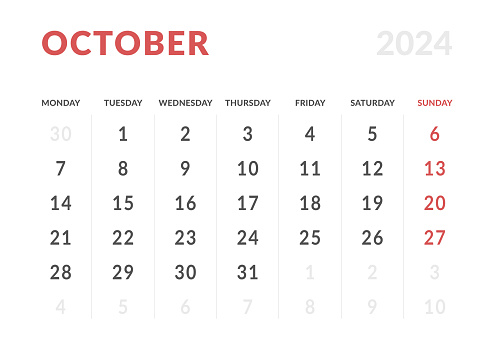 Monthly page Calendar Planner Templates of October 2024. Vector layout of simple calendar with week start Monday for print. Page for size A4 or 21x29.7 cm