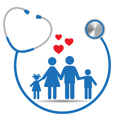 Illustration of a family with a blue stethoscope and pulse on a white background