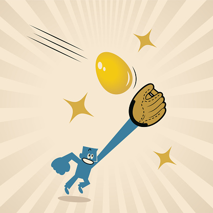 Blue Cartoon Characters Design Vector Art Illustration.
A smiling blue man wearing a baseball glove is catching a golden egg, 