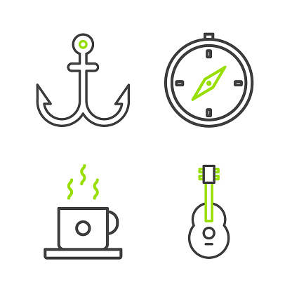 Set line Guitar Coffee cup Compass and Anchor icon. Vector.