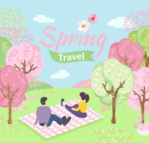 Vector illustration of Spring forest picnic, Spring travel. Spring landscape mountains and cherry trees fallen with pink flowers.