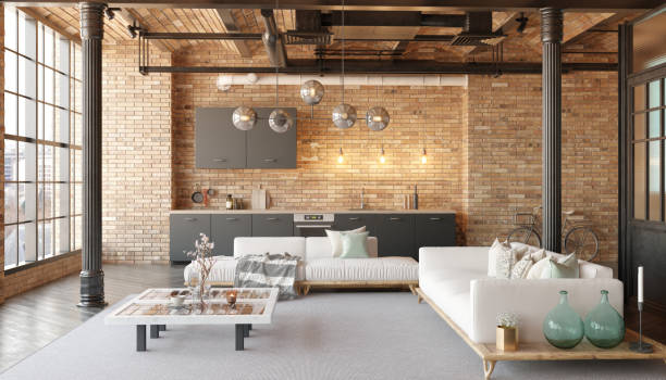 istock A modern loft living room with a couch, a kitchen 2059440964