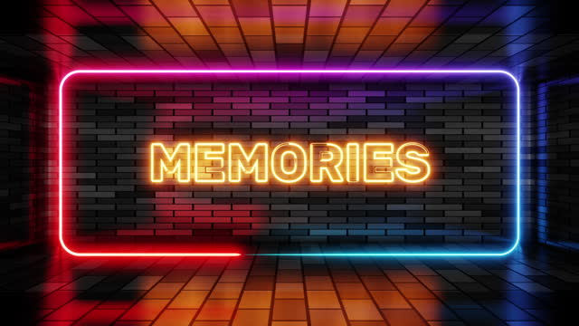 Neon sign memories in speech bubble frame on brick wall background 3d render. Light banner on the wall background. Memories loop inspiring mood, design template, night neon signboard