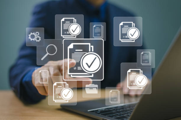 istock Document audit and business asset analysis concept. Man inspects file check with magnifying len. Business analysis, data inspection, document review, online approval, digital information research 2059452477