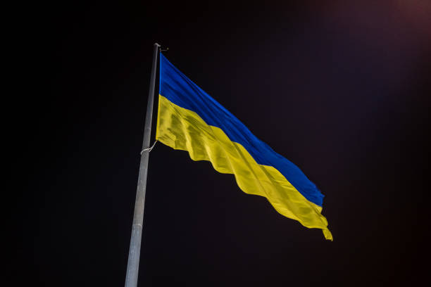istock Ukrainian national official flag blowing on night sky background 2059469686