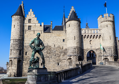 Antwerp / Belgium - March 3, 2023: Medieval fortification Het Steen, The stone. Historic old center of the city. Travel high quality photo.