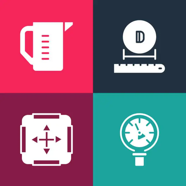 Vector illustration of Set pop art Pressure water meter, Area measurement, Diameter and Measuring cup icon. Vector
