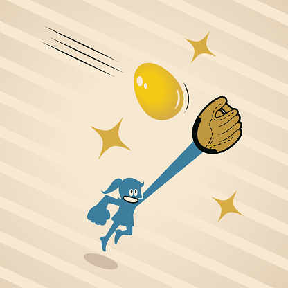 Blue Cartoon Characters Design Vector Art Illustration.
A smiling blue woman wearing a baseball glove is catching a golden egg, 