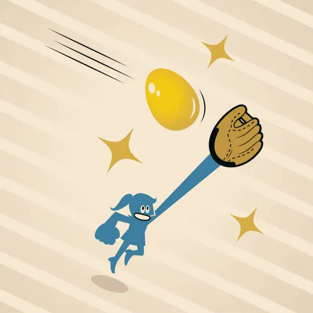 Vector illustration of A smiling blue woman wearing a baseball glove is catching a golden egg, 