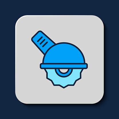 Filled outline Electric circular saw with steel toothed disc icon isolated on blue background. Electric hand tool for cutting wood or metal. Vector.