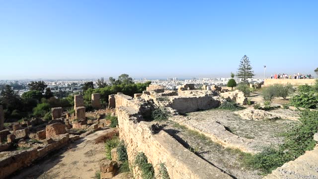 Ruins of ancient Carthage with clear sky, overlooking modern city in Tunisia, daytime