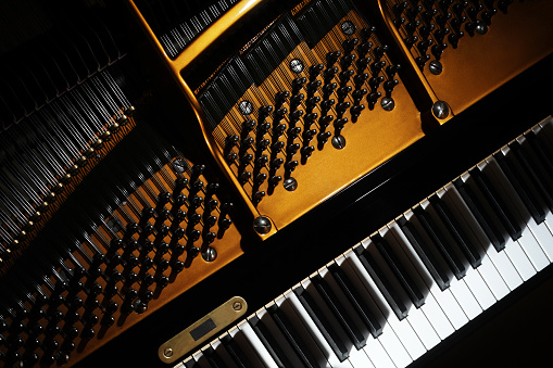 Piano close up. Grand piano details. Open inside music instrument closeup