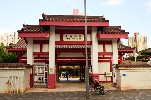 Beautiful ancient temple on the seaside with blue sky and fog, Dongtou island, Wenzhou, Zhejiang province, China