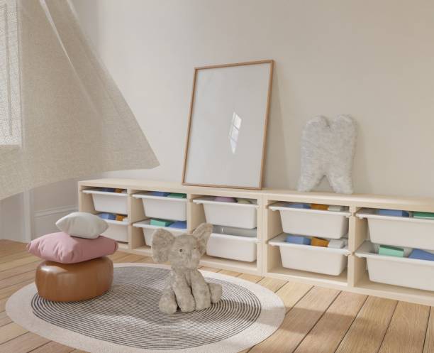 istock Frame interior, mockup frame, poster wood vertical on wooden floor in empty picture interior in illustration and children's toy dolls 3d rendering. 2059567653