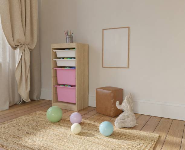 Frame interior, mockup frame, poster wood vertical on wooden floor in empty picture interior in illustration and children's toy dolls 3d rendering.