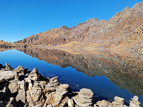 lake with mirror reflection of rocky hills