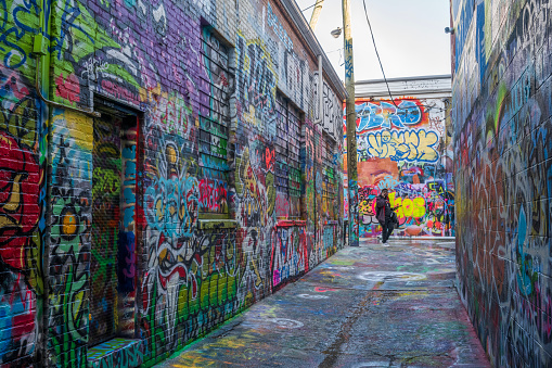 Baltimore, USA - February 17, 2024. A male photographing making phone call at Graffiti Alley in Station North Arts & Entertainment District of Baltimore, Maryland, USA