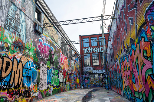 Baltimore, USA - February 17, 2024. Art works at Graffiti Alley located at N Howard Street and W North Avenue in the Station North Arts and Entertainment District of Baltimore, Maryland, USA