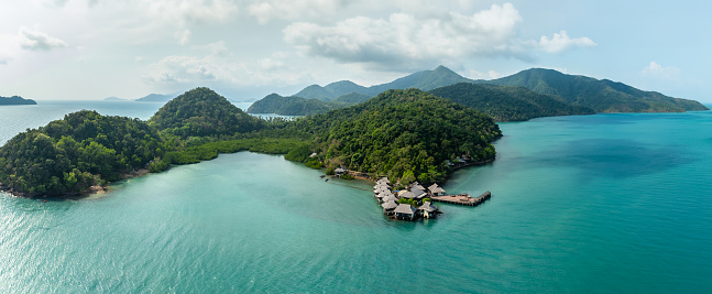 Travel vacation healthy lifestyle Concept. seascape on a summer vacation at koh chang, trat province, thailand, aerial view from drone, panorama seascape island and sky,