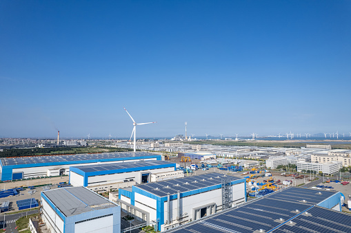 Bird's-eye view of the assembly factory for wind turbines