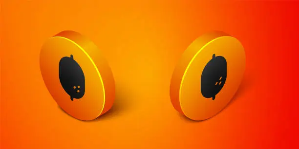 Vector illustration of Isometric Lemon icon isolated on orange background. Orange circle button. Vector