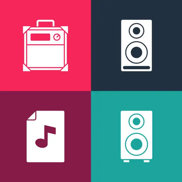 Vector illustration of Set pop art Stereo speaker, Music book with note, and Guitar amplifier icon. Vector