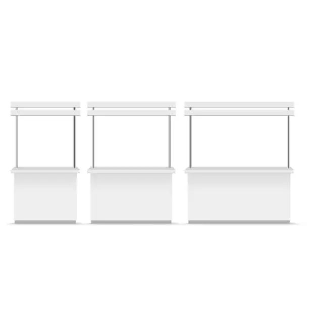 Vector illustration of White blank advertising POS POI PVC Promotion counter booth. Vector