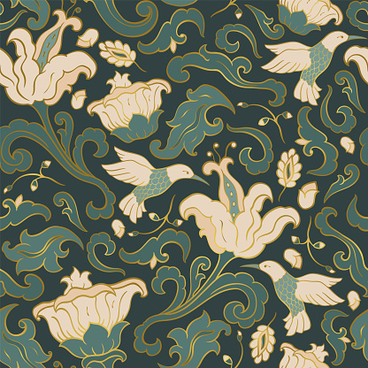 Seamles pattern with flowers and birds. Green floral background. Template for wallpaper, textile, shawl, carpet and any surface.