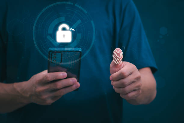istock Protection and encryption of fingerprint data with network technology for security. To protect against crimes, hackers, and everyday online attacks, technology, and data security. authentication 2059633925