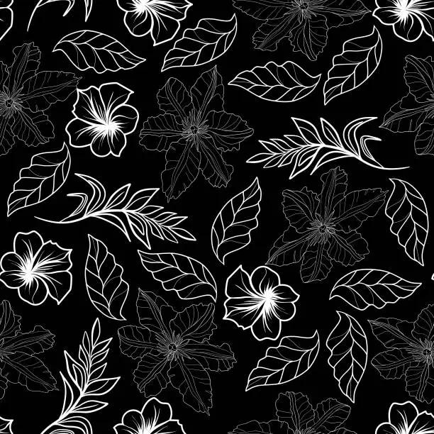 Vector illustration of Clematis and plumeria doodle pattern