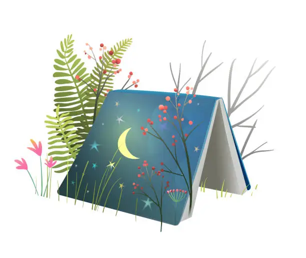 Vector illustration of Open Book in Nature with Stars and Moon for Kids