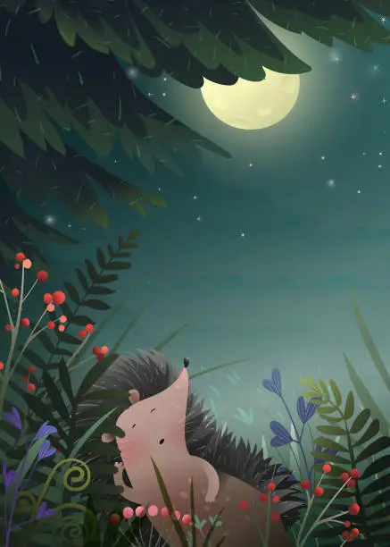Vector illustration of Hedgehog sleeping at night under the pine tree