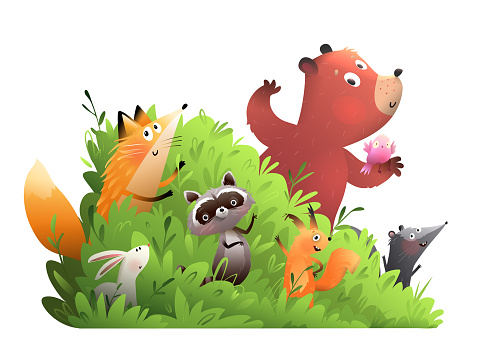 Cute animals friends in the forest bush. Bear fox raccoon squirrel and bunny in green grass, isolated clip art for kids. Vector hand drawn illustration in watercolor style for children.