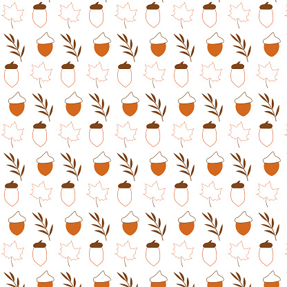 Autumn seamless pattern. Cones linear icons. Acorns from oak and maple leaves. Hand drawn vector illustration. Beautiful natural elements. The background.