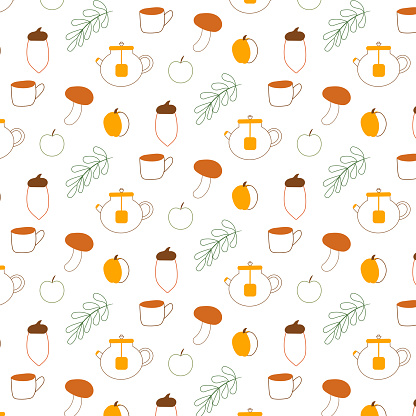 Autumn pattern seamless. Acorn, pumpkin, mushrooms, apple, leaves, branches, teapot. Vegetables are seasonal. Cozy set. Hand drawn vector illustration.