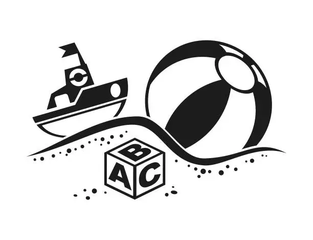 Vector illustration of Toys in Sandbox. Toy Boat or Ship, Game Ball and ABC Cube in Sand - Cut Out Vector Icon Silhouette