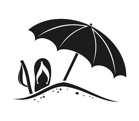 Stylized monochrome silhouette of two flip flops, slippers or beach sandals, side and front view, and beach umbrella stuck in the sand - cut out vector icon