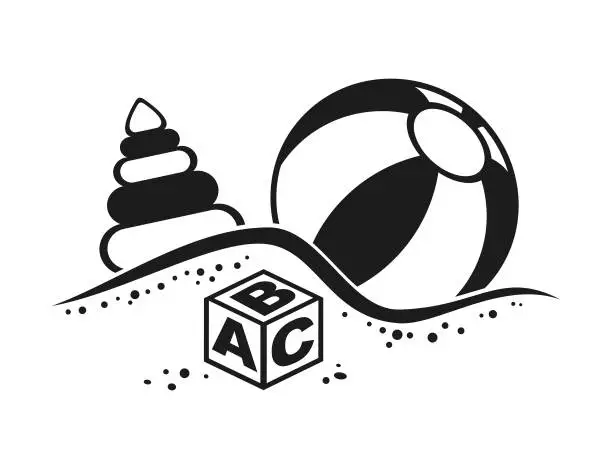 Vector illustration of Toys in Sandbox. Kids Pyramid, Game Ball and ABC Cube in Sand - Cut Out Vector Icon Silhouette
