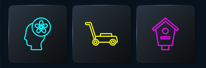 Set line Human head with flower inside, Bird house and Lawn mower. Black square button. Vector.