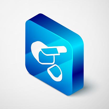 灰色の背景に分離された等尺性カナダのピーミールベーコンのアイコン青い四角いボタンベクトル 3Dのベクターアート素材や画像を多数ご用意