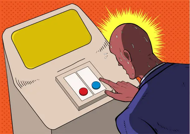 Vector illustration of Vector Pop Art Sweating African American Man Choosing Button Meme Stock Illustration