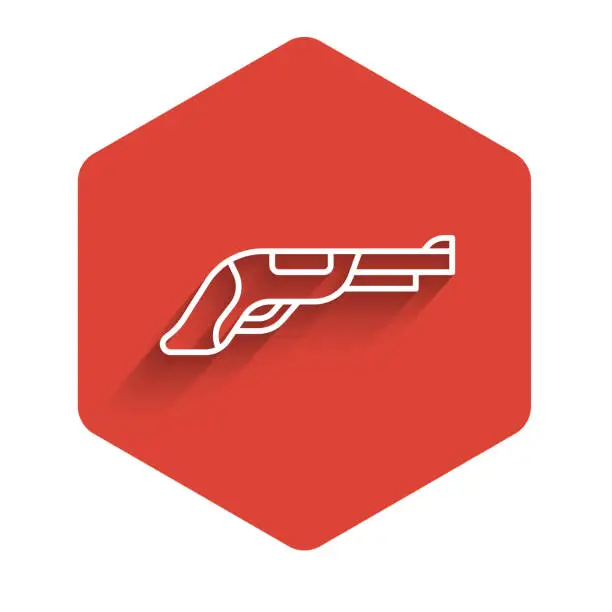 Vector illustration of White line Vintage pistol icon isolated with long shadow background. Ancient weapon. Red hexagon button. Vector