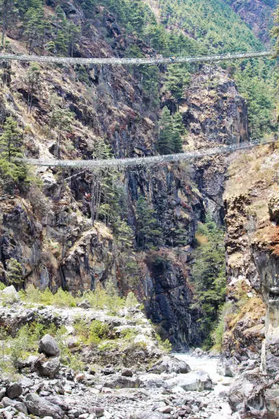 Famous multi level Hillary Steel Rope bridge spans the Dudh Kosi near the approach path to Namche Bazaar during the Everest Base camp trek, Nepal