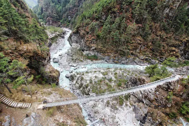Famous multi level Hillary Steel Rope bridge spans the Dudh Kosi near the approach path to Namche Bazaar during the Everest Base camp trek, Nepal