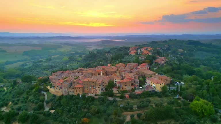 Castelmuzio, Tuscan Town from drone