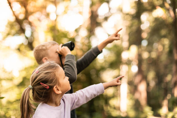 Children in the forest looking through binoculars exploring nature together.